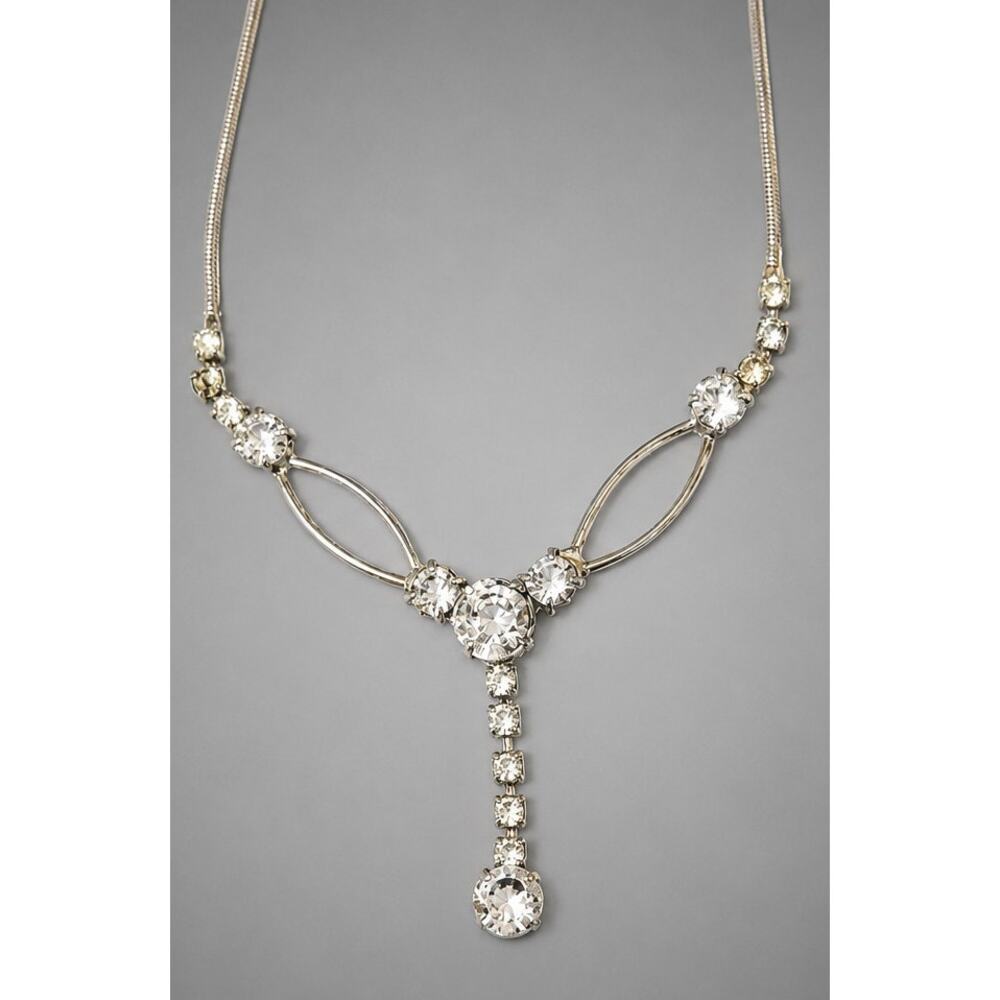 Rhinestone Bib Necklace, Silver-tone, Mid-Century Sparkly Drop Pendant wh03-30 - Picture 3 of 8
